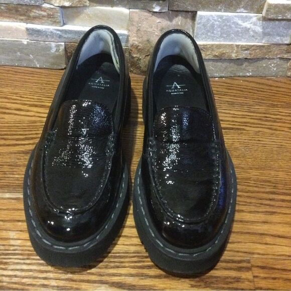 AQUATALIA Hayley Water Resistant Platform Loafer Patent Black Size 8 - Picture 1 of 10